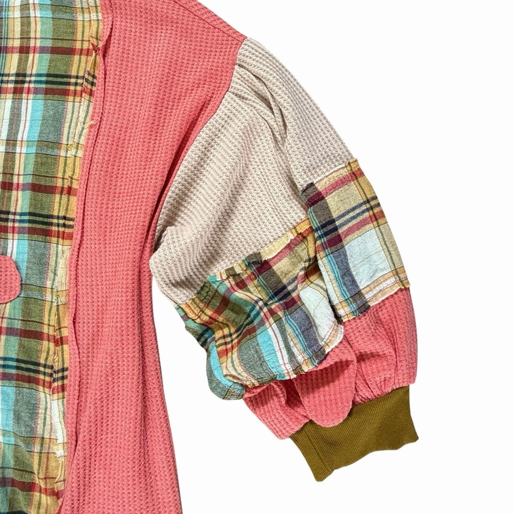 Easel Daisy Waffle Plaid Patchwork Oversized Sweatshirt L Hippie Boho Lagenlook - Picture 4 of 9